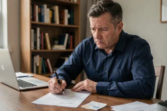 Homme inquiet assis à un bureau face à un devis signé et un acompte versé, illustrant la question de la rétractation d'un contrat