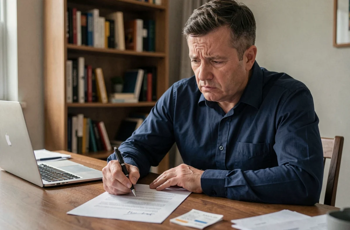 Homme inquiet assis à un bureau face à un devis signé et un acompte versé, illustrant la question de la rétractation d'un contrat