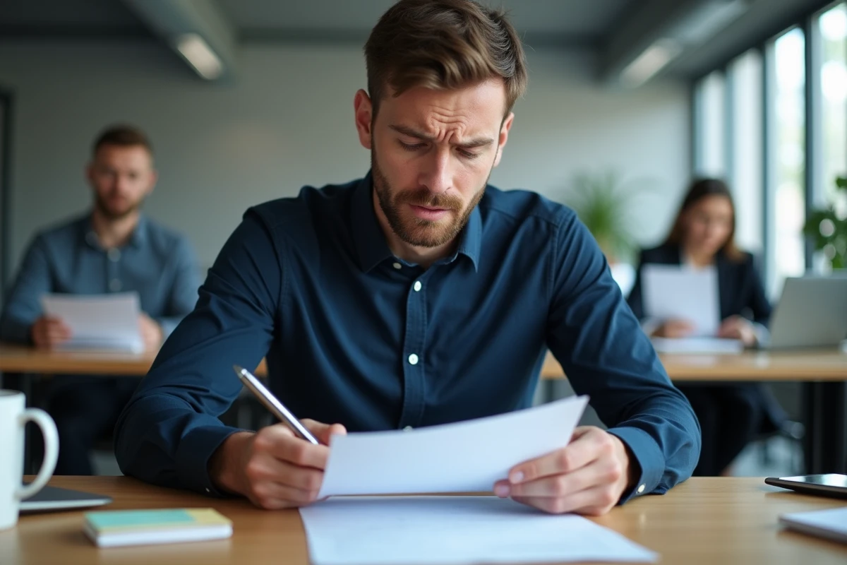 Employé relisant attentivement une lettre de demande de rupture conventionnelle à son bureau dans un open space professionnel