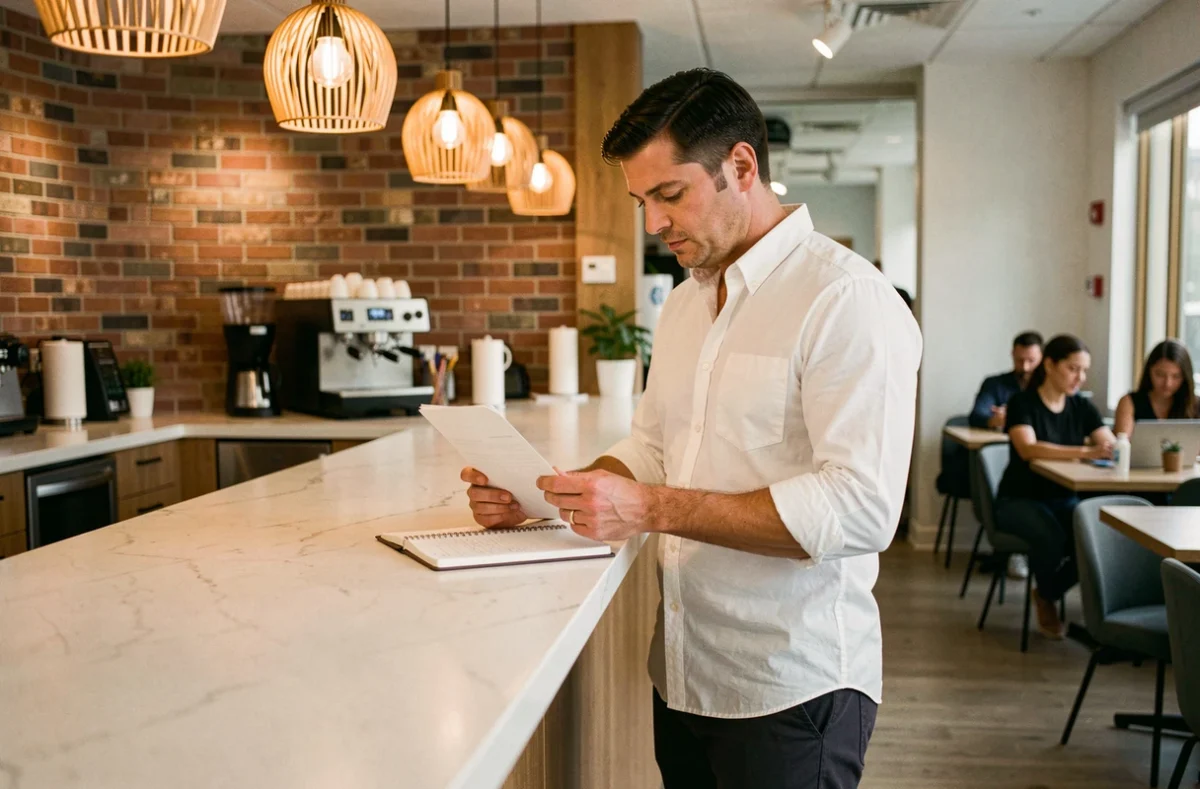 Homme d'affaires prenant des notes dans le lounge d'un espace de coworking flexible à Levallois-Perret