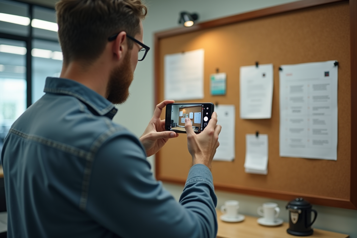 Homme prenant en photo un tableau de memos au bureau