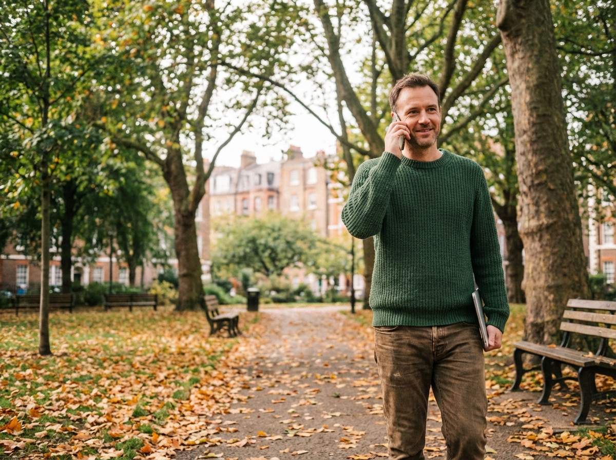 Homme marche dans un parc urbain avec smartphone et tablette