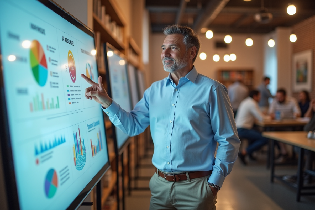 Homme présentant une stratégie marketing avec tableau blanc