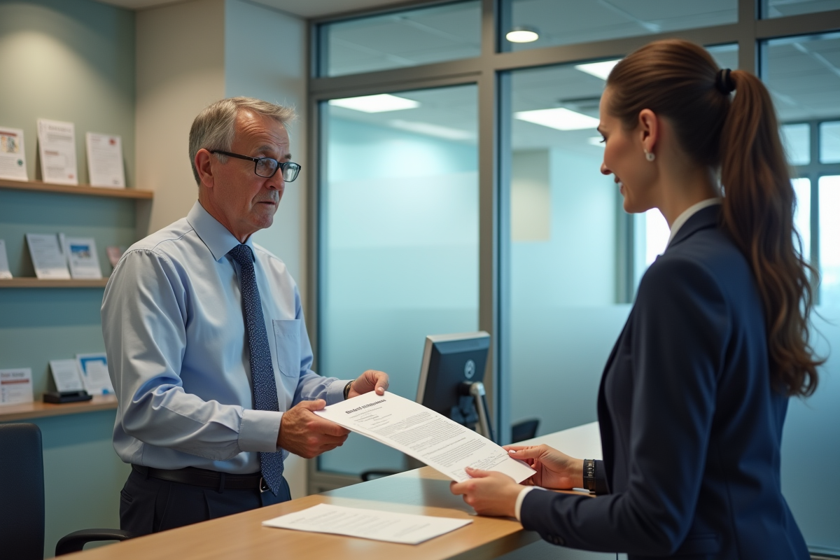 Homme remettant un formulaire &agrave; une employ&eacute;e dans un bureau officiel