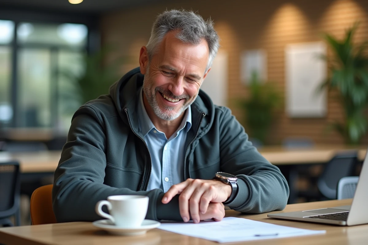 Homme v&eacute;rifiant sa fiche de temps dans un lounge