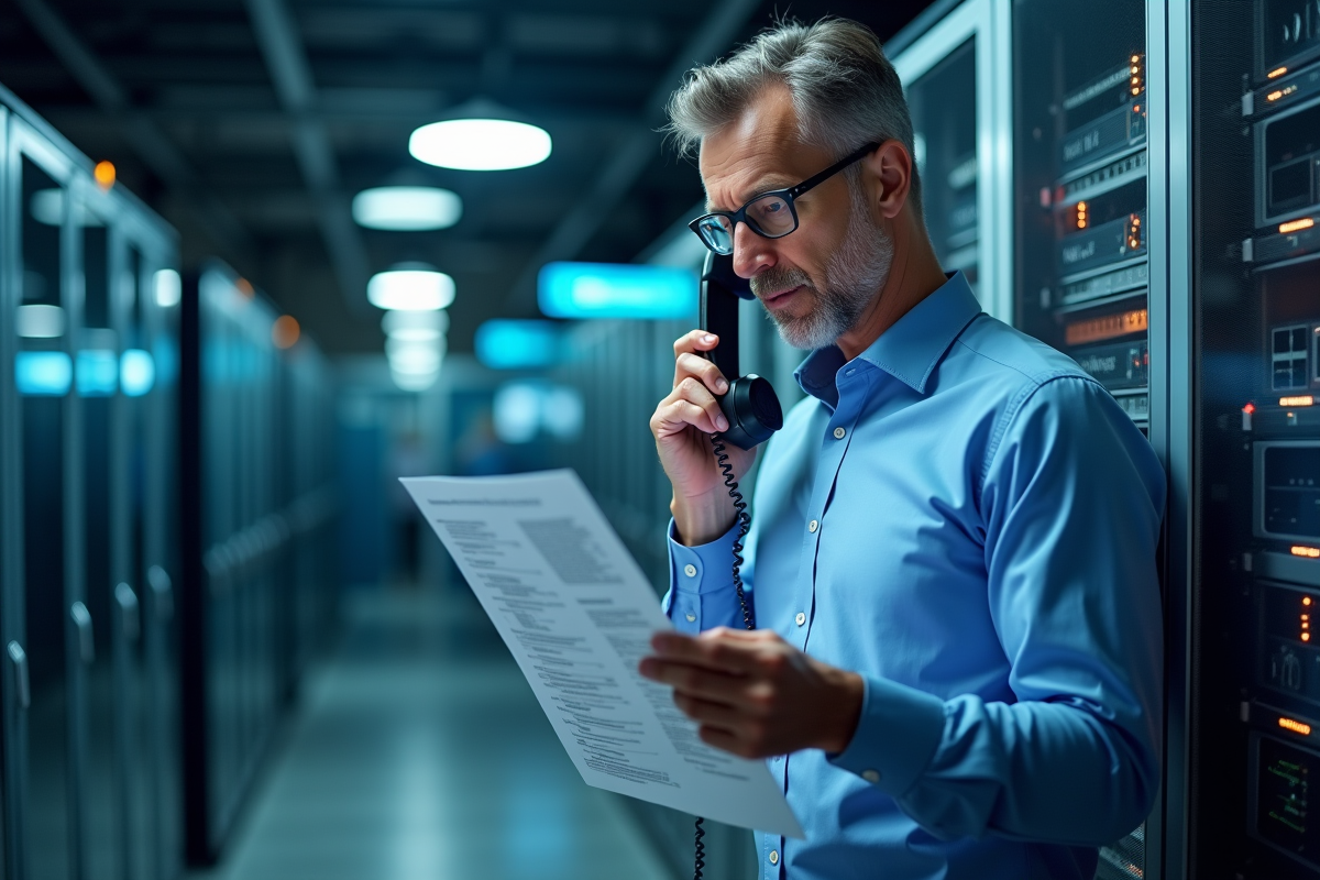 Homme d affaires vérifiant un rapport dans une salle serveurs