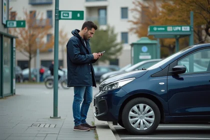 Homme en extérieur vérifiant son smartphone dans un parking lyonnais