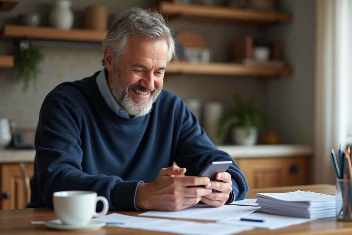 Homme détendu vérifiant son smartphone à la maison