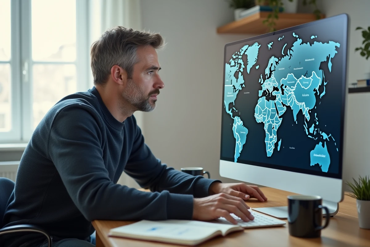 Homme travaillant depuis chez lui sur une carte numérique interactive de la zone EMEA sur grand écran