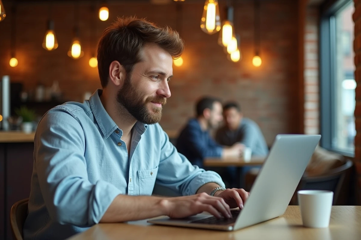 Homme en télétravail nomade travaillant dans un café avec son ordinateur portable