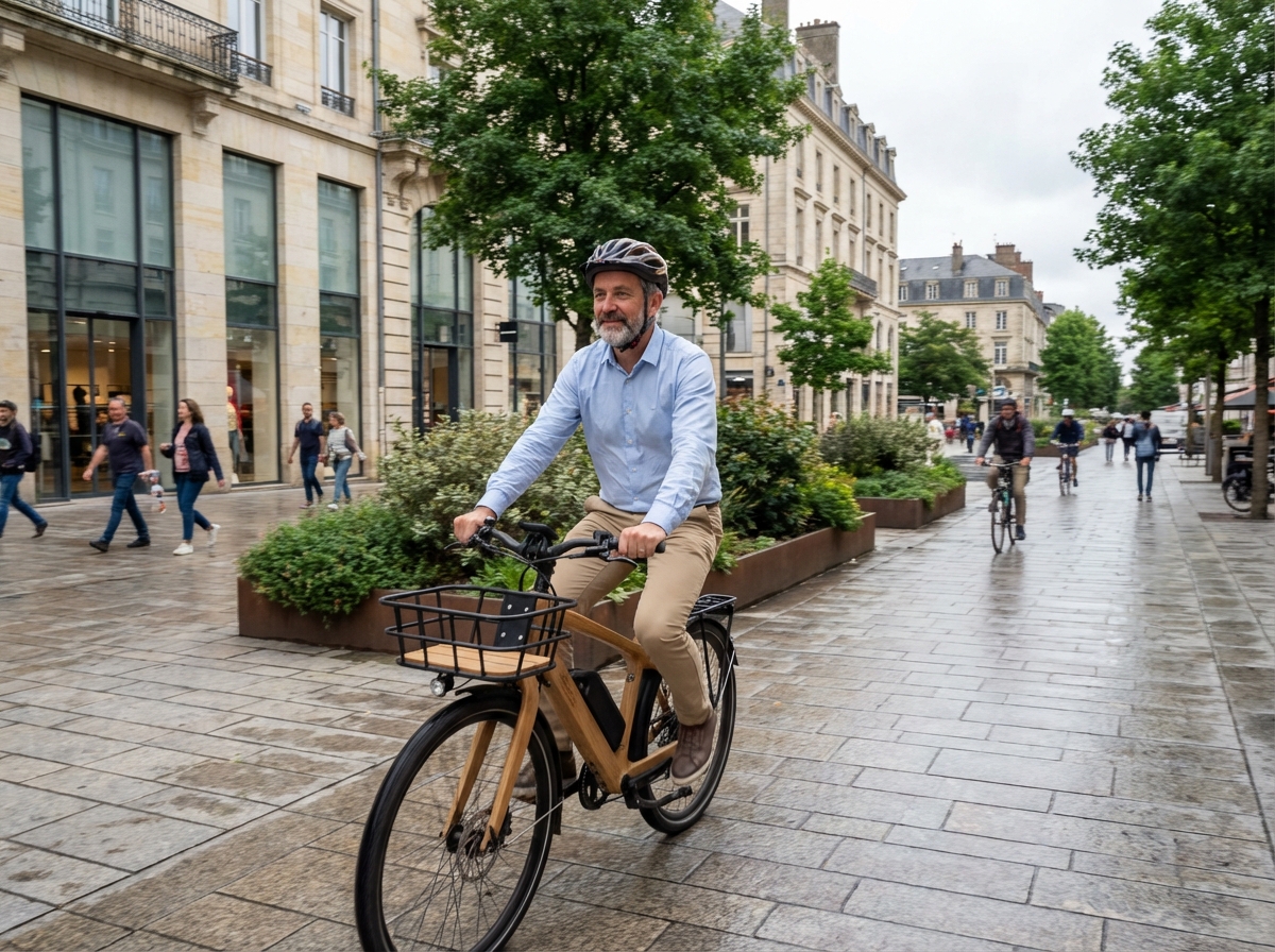 Homme à vélo dans une place urbaine de Limoges