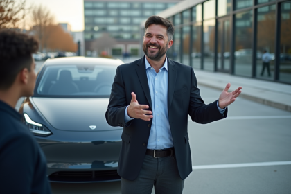 Homme d'âge moyen avec voiture électrique en ville