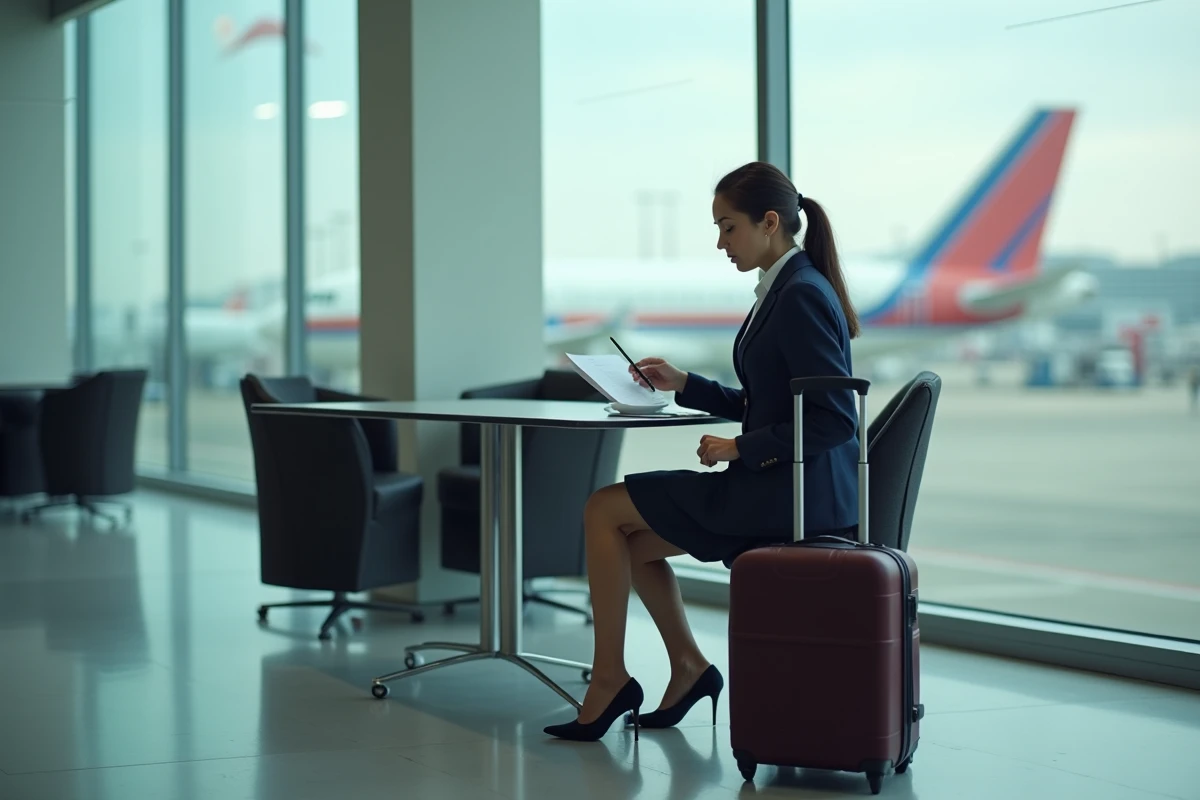 Hôtesse de l'air en pause dans un salon d'équipage d'aéroport consultant ses documents avant un vol