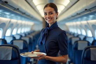 Hôtesse de l'air en uniforme Air France dans l'allée d'un avion long-courrier tenant un plateau de service avec le sourire