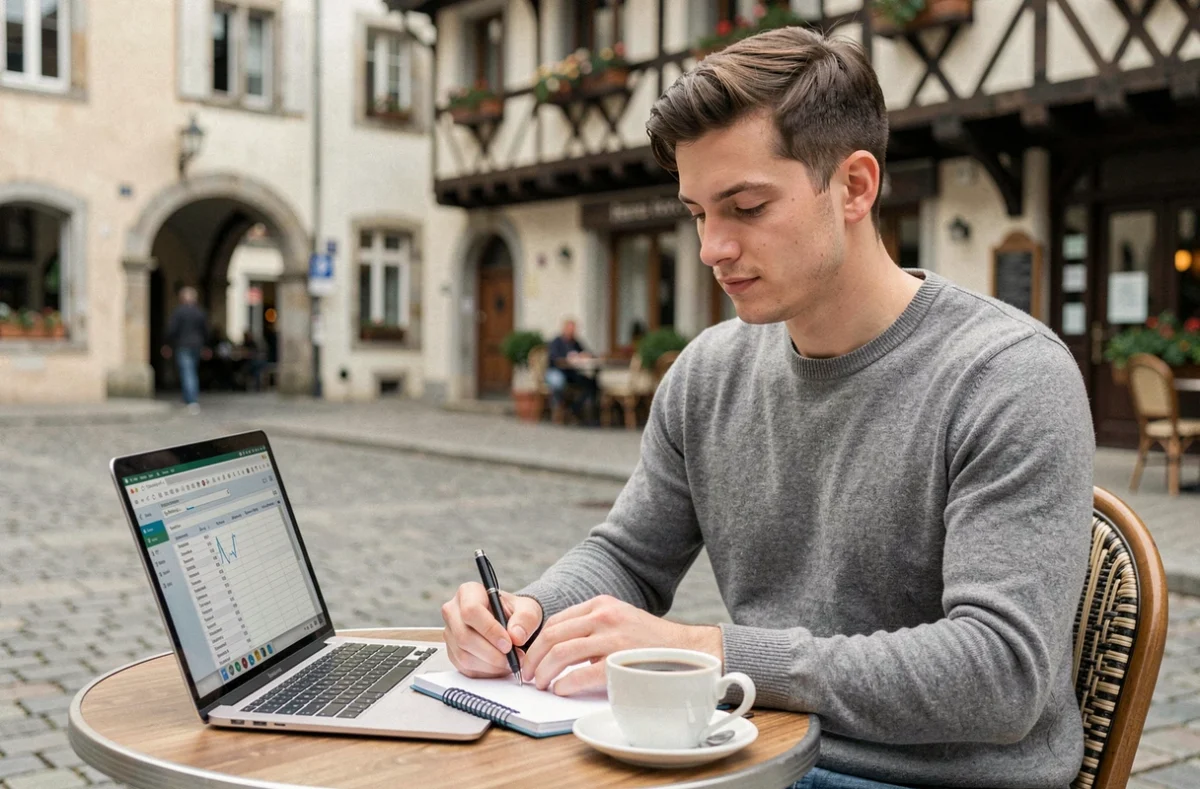 Travailleur indépendant en portage salarial consultant son ordinateur en terrasse dans la vieille ville d'Annecy