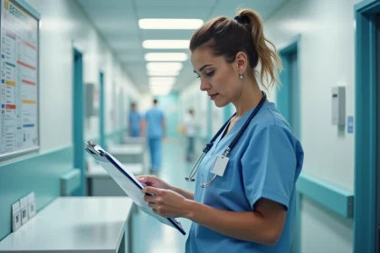 Infirmière en blouse bleue consultant un planning d'astreintes à un poste de soins hospitalier