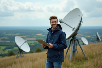 Jeune ingénieur avec tablette et paraboles Starlink