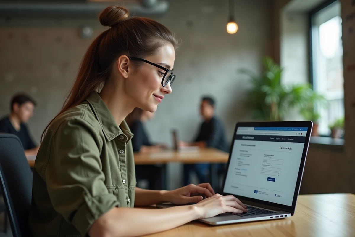 Jeune femme avec lunettes complétant le paramétrage de son compte Urssaf sur un ordinateur portable dans un espace de coworking