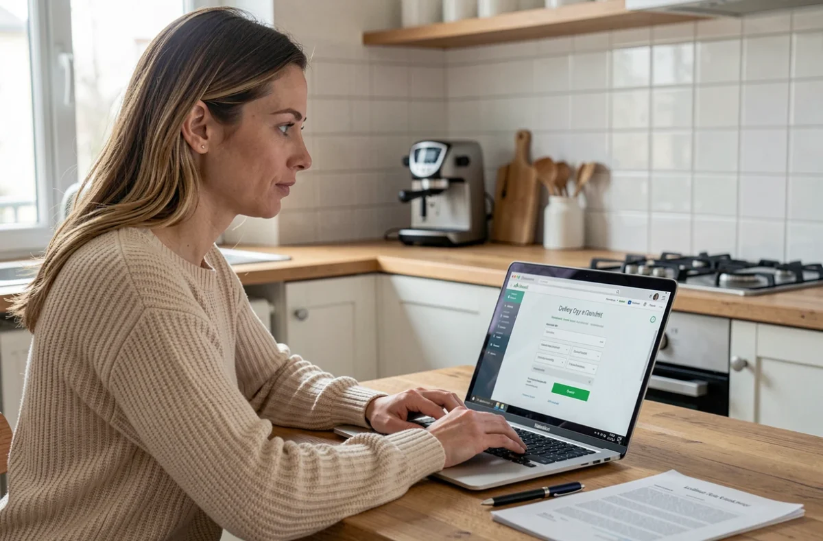Femme consultant les étapes d'inscription pour devenir chauffeur Uber Eats sans expérience sur son ordinateur portable