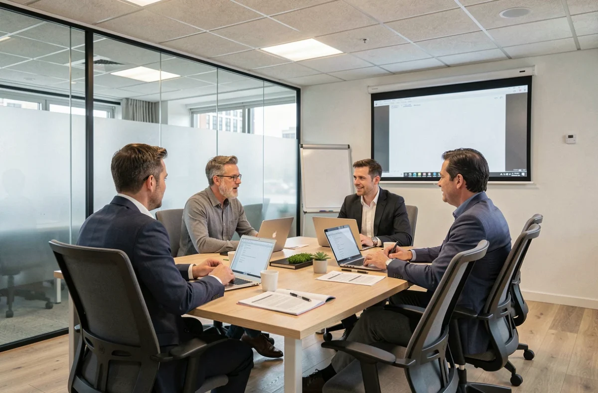 Salle de réunion modulaire entièrement installée avec des professionnels en réunion dans un immeuble de bureaux à Lille