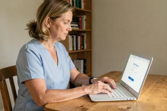 Intervenante à domicile connectée à son espace personnel sur un extranet via un ordinateur portable