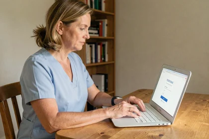 Intervenante à domicile connectée à son espace personnel sur un extranet via un ordinateur portable