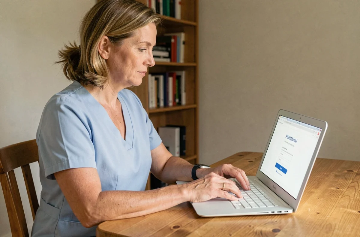 Intervenante à domicile connectée à son espace personnel sur un extranet via un ordinateur portable