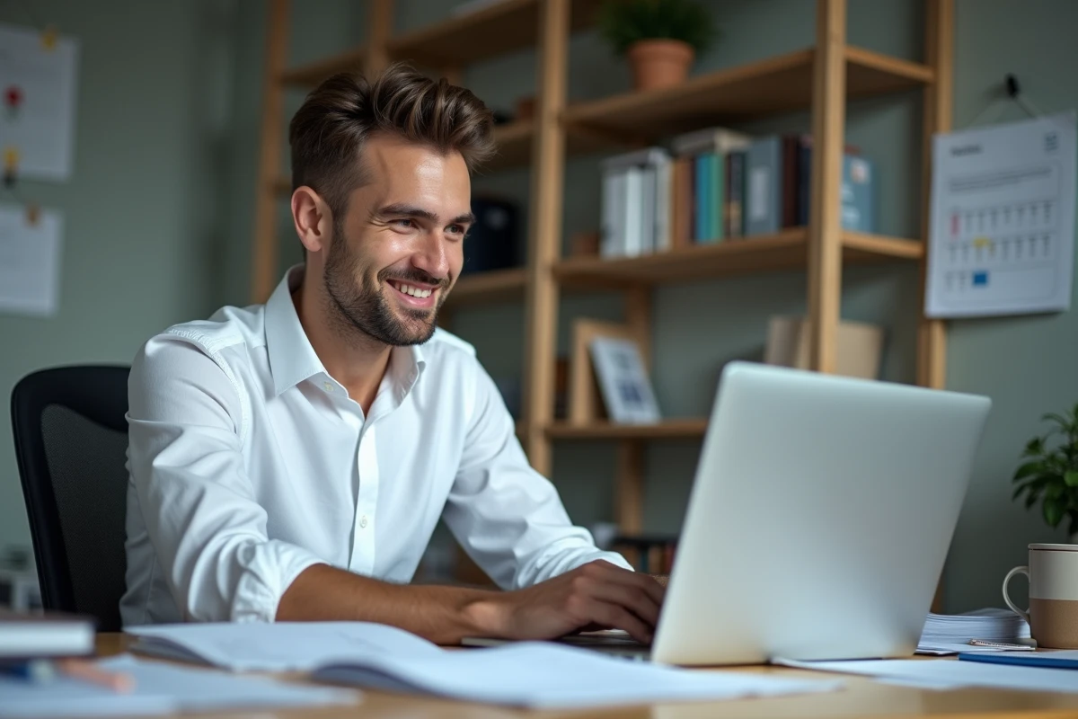 Jeune homme au bureau consulte documents de paie
