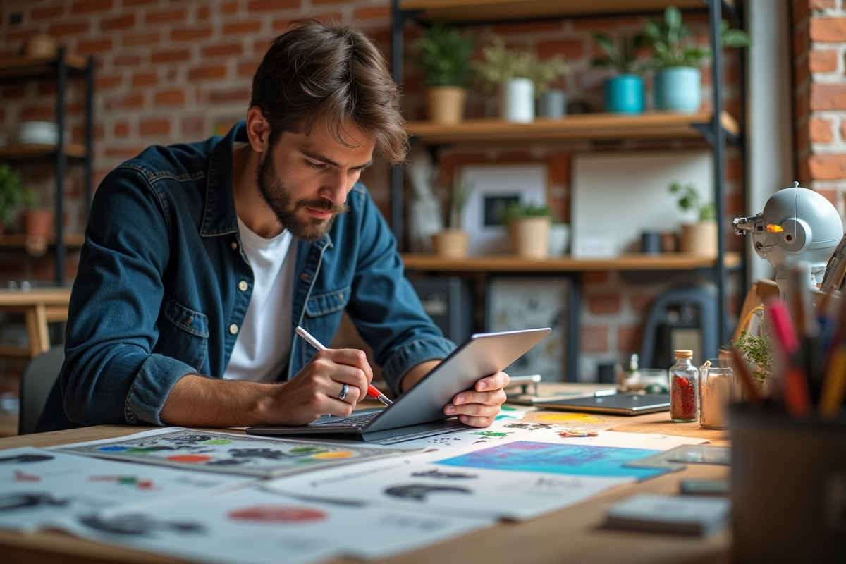 Jeune artiste avec tablette et prototypes dans un studio créatif