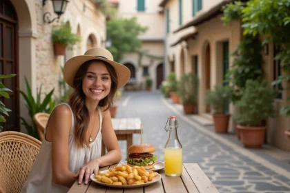 Jeune femme corse dégustant un burger maison en extérieur