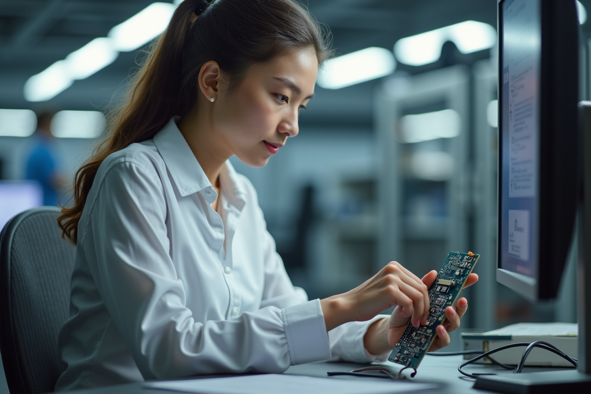 Ingénieure inspectant un circuit imprimé dans un laboratoire