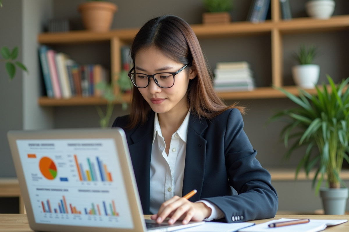 Jeune femme analysant des données dans un bureau moderne