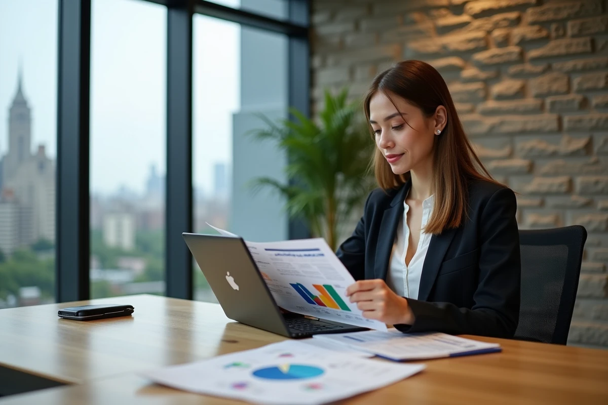 Jeune analyste féminine examinant des rapports sur une tablette