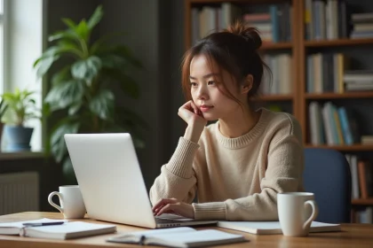 Jeune femme concentr&eacute;e travaillant sur un ordinateur dans un bureau