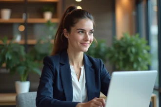 Jeune femme en blazer blanc au bureau moderne