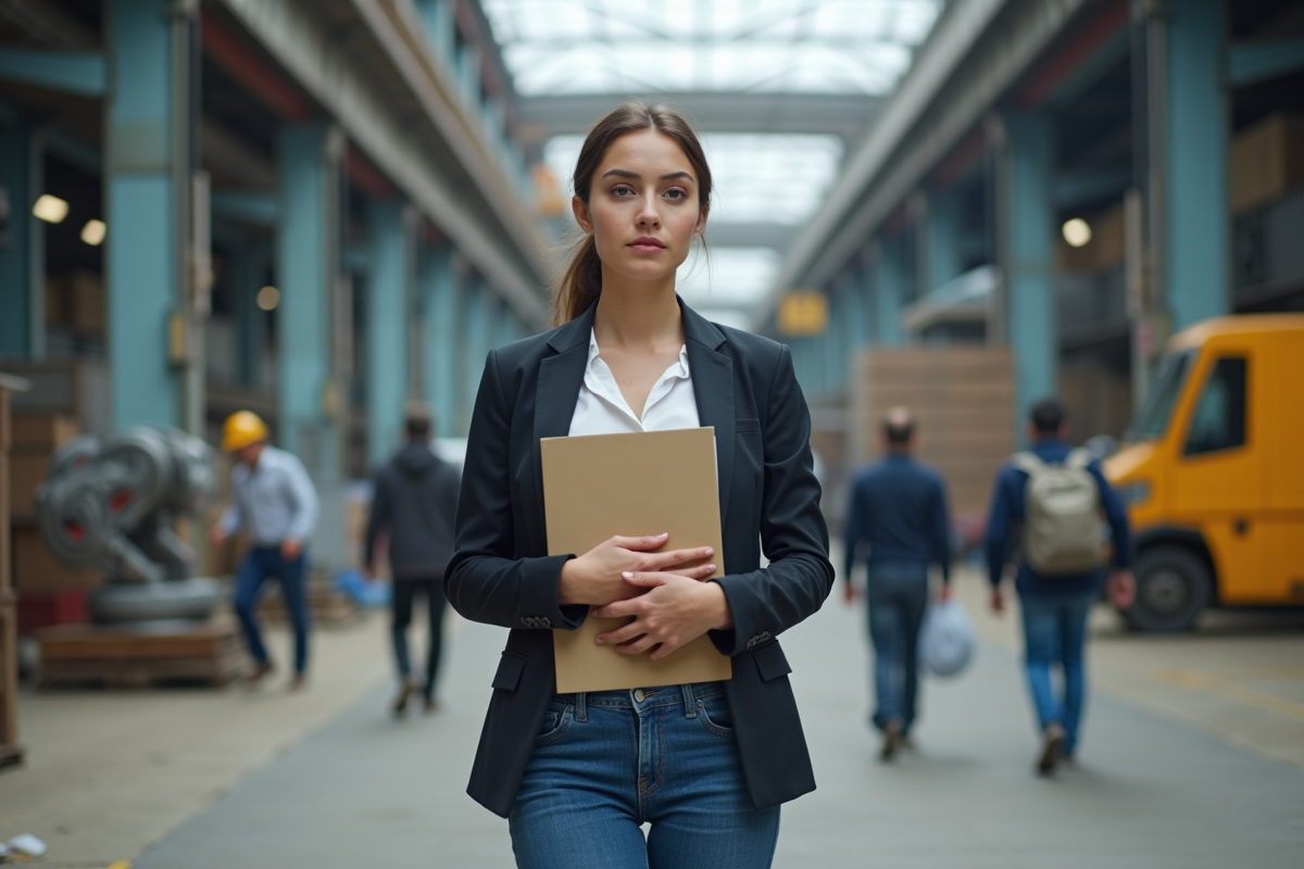 Jeune femme dans une usine avec robots et véhicules automatisés