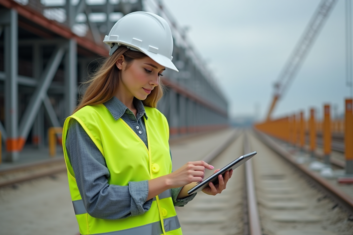 Ingénieure en casque blanc contrôlant un site industriel