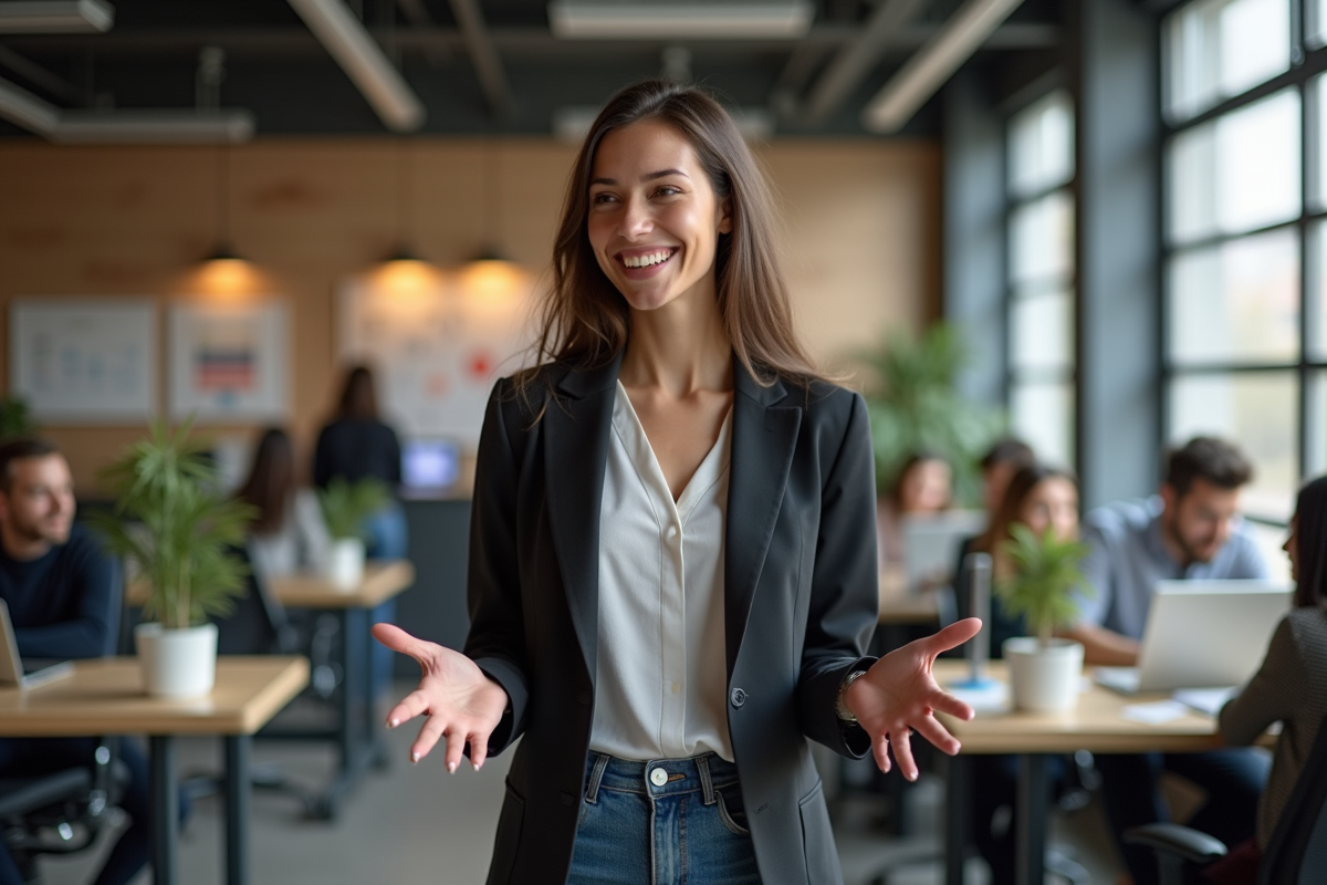Jeune femme souriante dans un espace de coworking dynamique