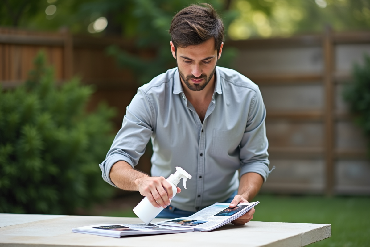 Jeune homme appliquant un spray sur des brochures en extérieur
