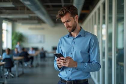 Jeune homme d office regardant une carte digitale