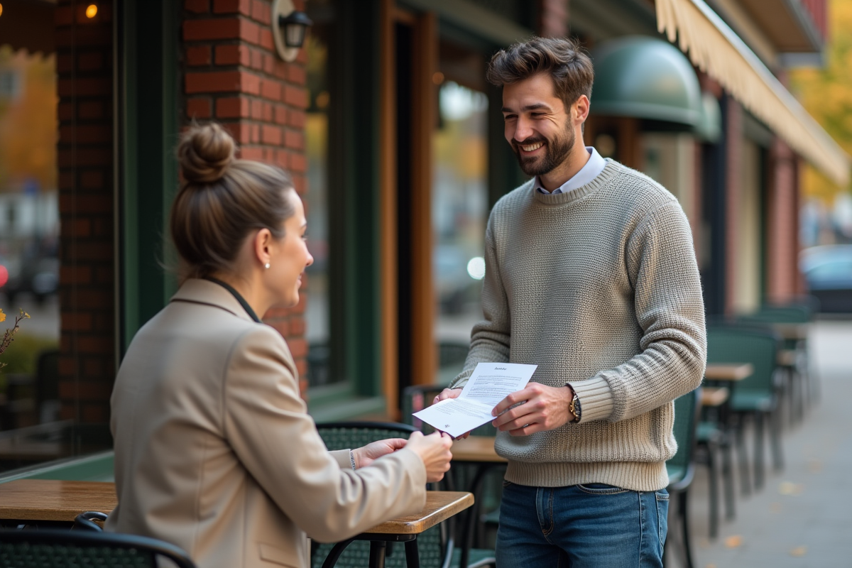 Jeune homme distribue un flyer à une passante dans une rue urbaine