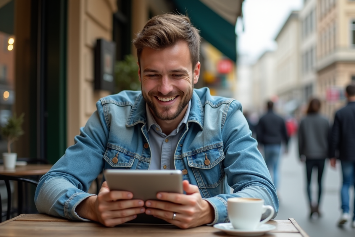 Jeune homme au cafe regardant sa tablette de performance publicitaire