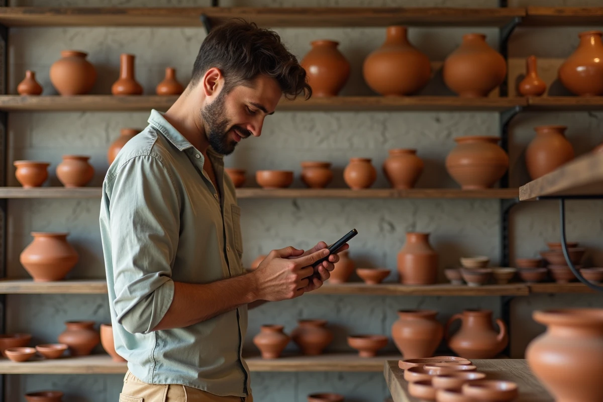 Jeune homme examinant une coupe en terre cuite dans une boutique de poterie
