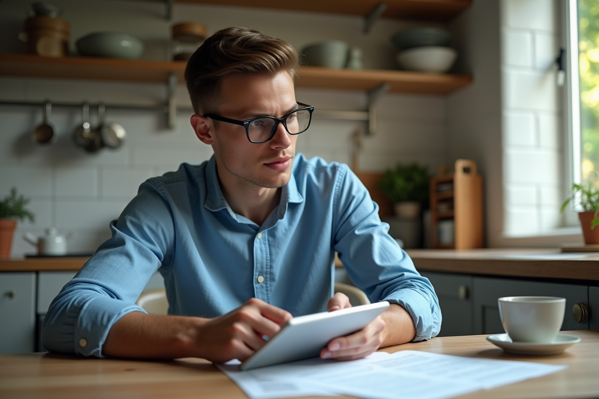 Jeune homme lisant un document dans une cuisine chaleureuse