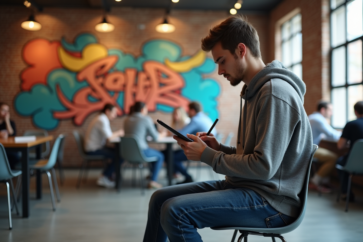 Jeune homme esquisse sur une tablette dans un espace de coworking urbain