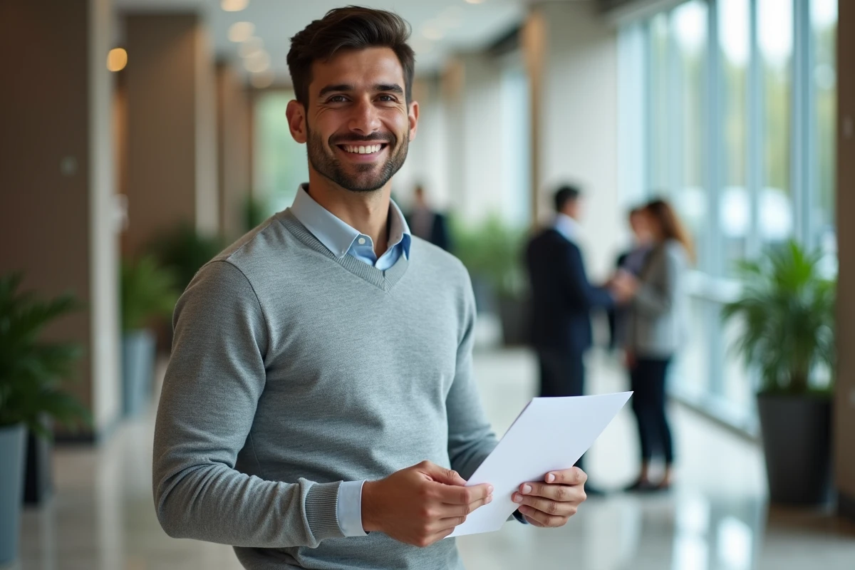 Jeune homme souriant avec lettre de motivation dans un lobby