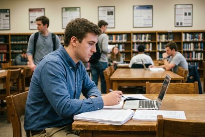 Jeune homme en étude dans une bibliothèque universitaire