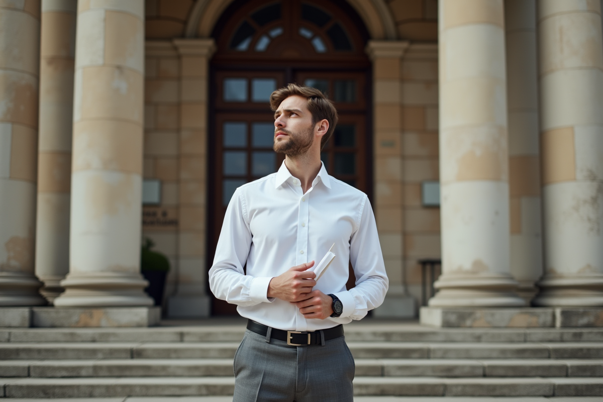 Jeune homme devant le palais de justice tenant des documents juridiques