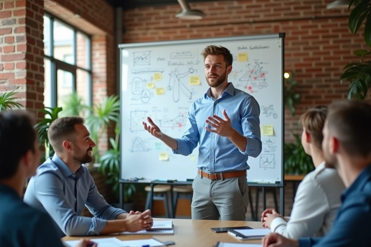 Jeune homme expliquant des diagrammes devant tableau blanc