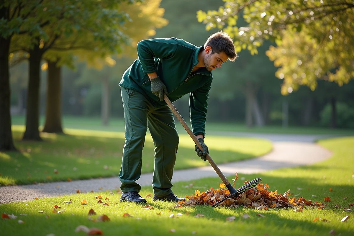 Jeune homme en forêt vert râturant des feuilles dans un parc